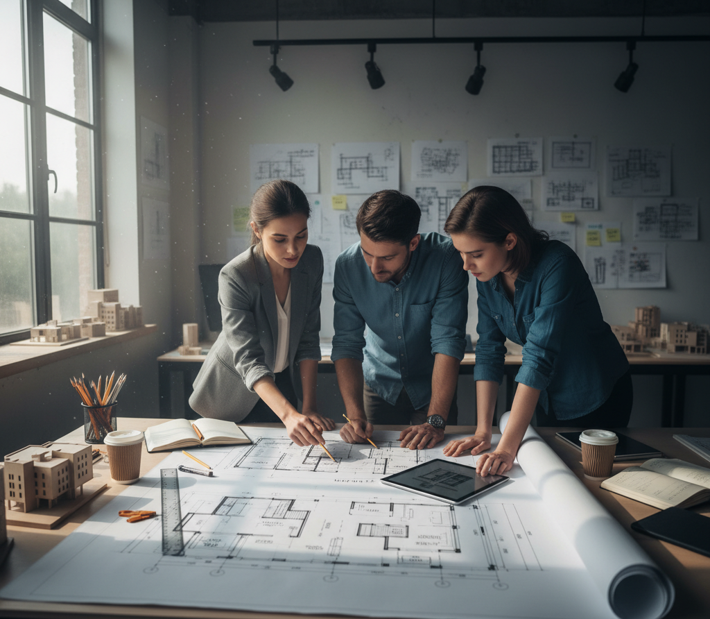 Architects collaborating on construction cost estimation